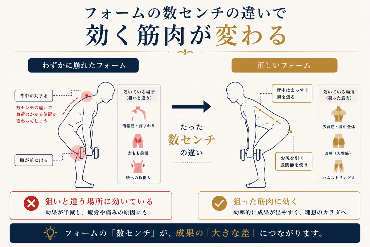 フォームの数センチの違いで効く筋肉が変わることを示す図解