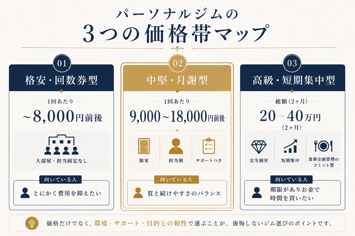 吉祥寺のパーソナルジム3つの価格帯マップ（格安・中堅・高級の比較図解）