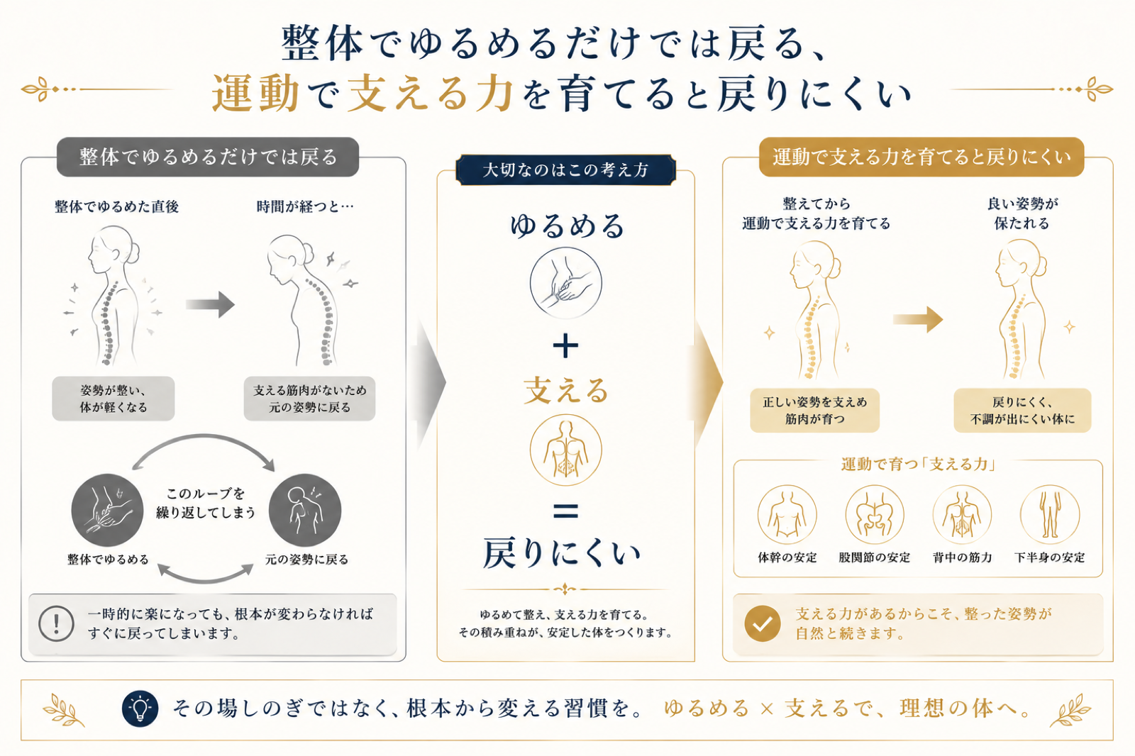 ゆるめる整体と支える運動を組み合わせて戻りにくい身体をつくる図解
